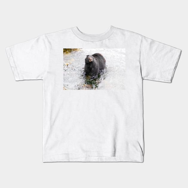 Wet Black Bear Shaking off water Kids T-Shirt by SafariByMarisa